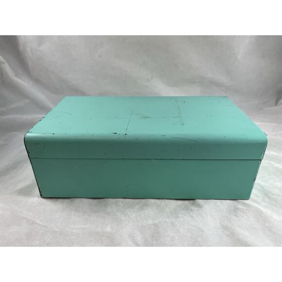 American Home Menu Maker Metal Recipe Box w/ Divider Aqua Blue Vintage 1950s - Picture 4 of 9